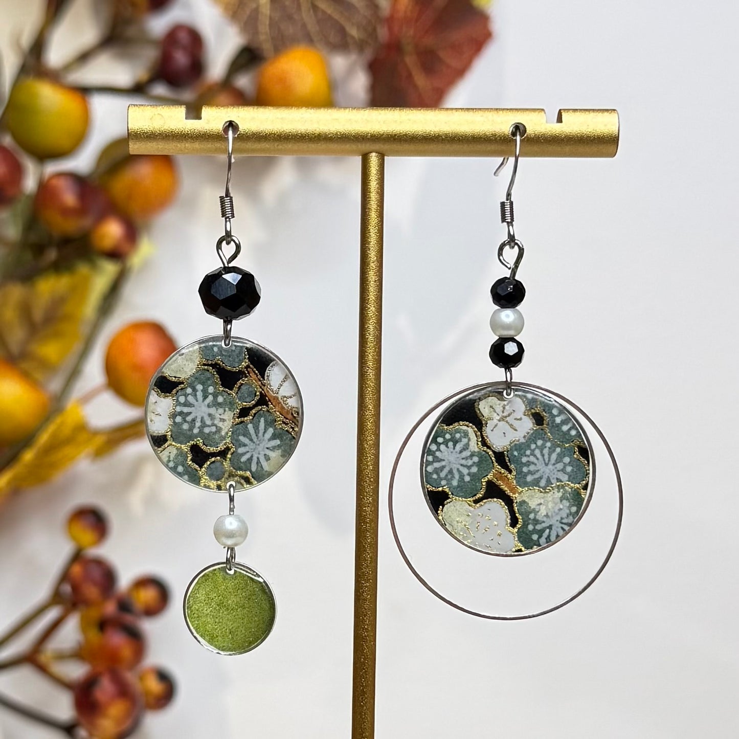 Autumn Collection Hook Earrings with white and blue ume flowers on navy
