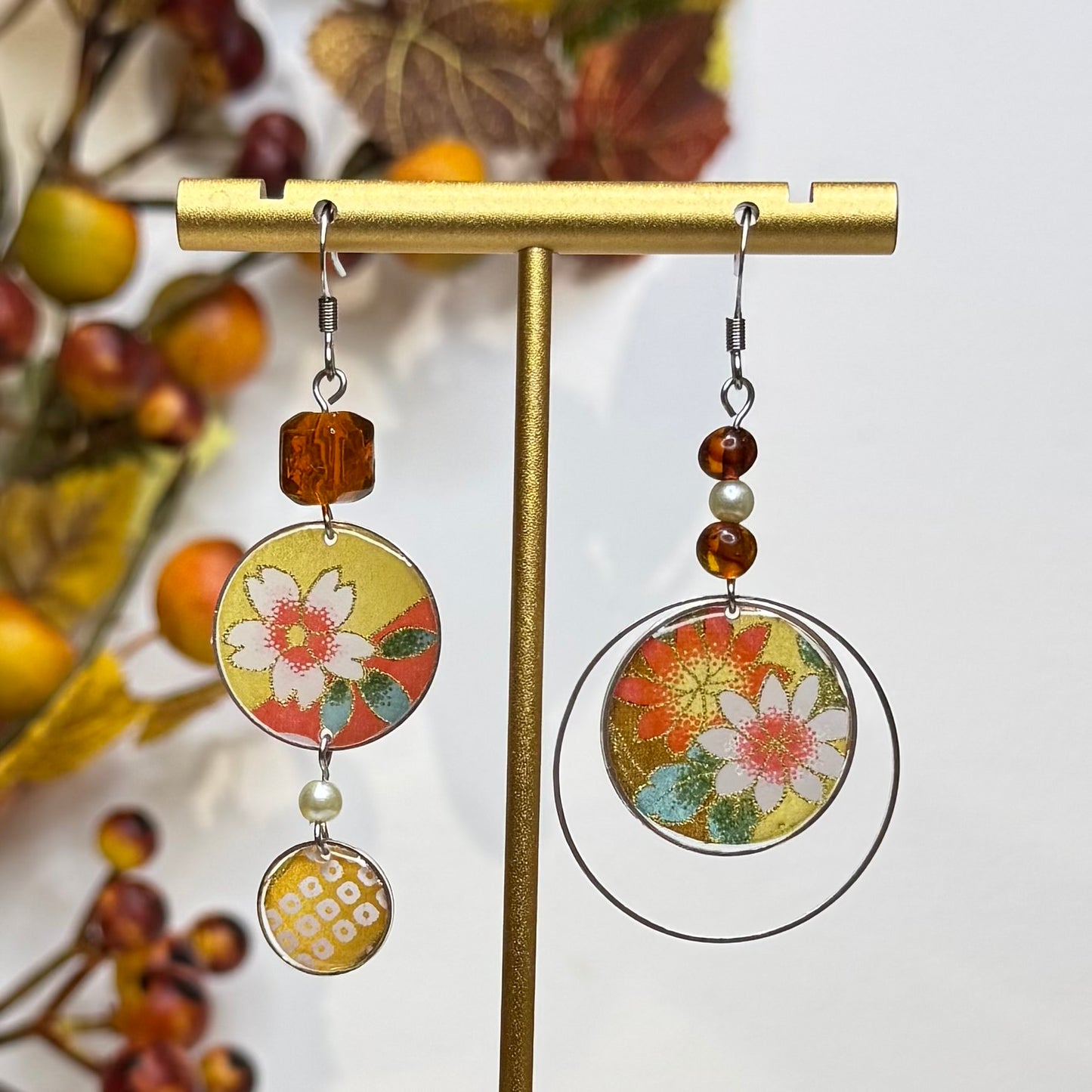 Autumn Collection Hook Earrings with white and orange flowers with leaves on yellow and brown