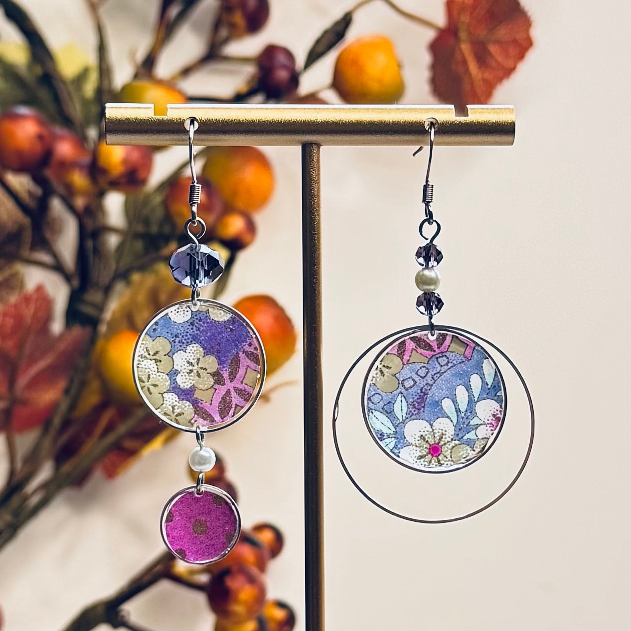 Autumn Collection Hook Earrings with white flowers on purple