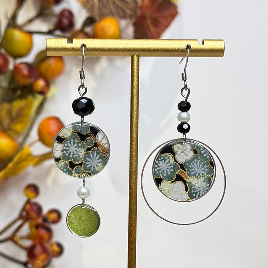 Autumn Collection Hook Earrings with white and blue ume flowers on navy